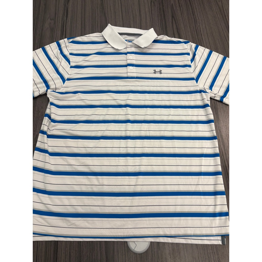 Under Armour Golf Polo‎ 2XL White Blue Striped Loose Fit Performance Shirt